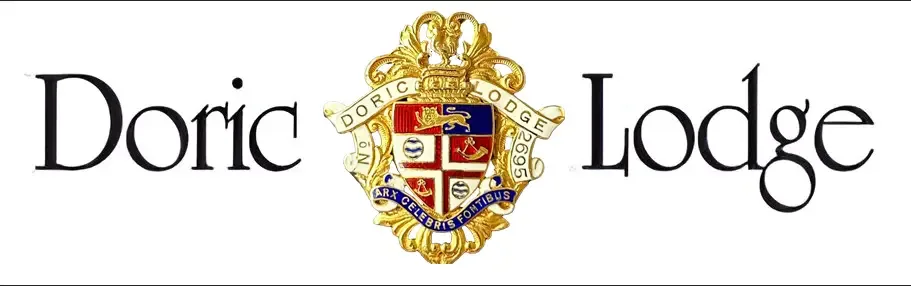 Doric Lodge wordmark with the lodge's gold, red and blue heraldic crest.